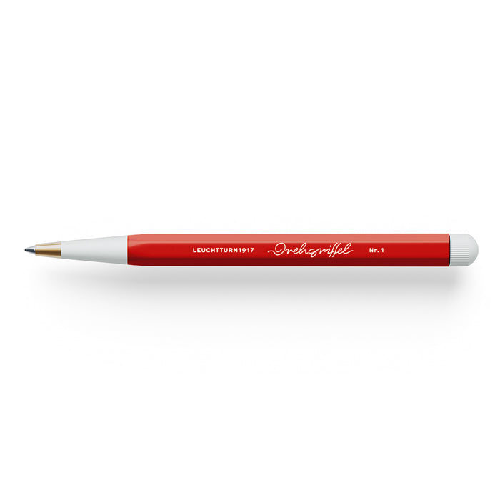 The Journal Shop - Red Leuchtturm1917 Drehgriffel Nr. 1 Ballpoint Pen with white twist mechanism and tip, shown horizontally.