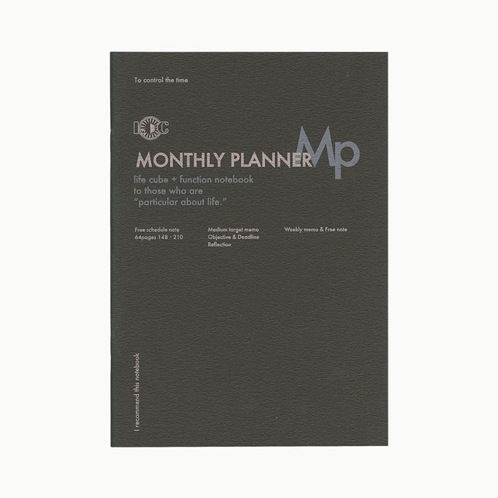 Black cover of the L.C.C Monthly Planner notebook featuring minimalist layout and soft-textured design