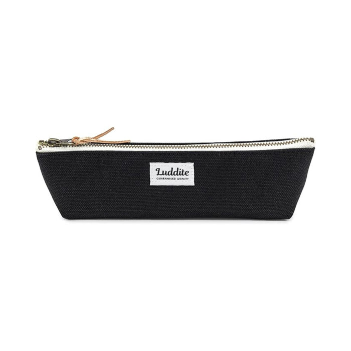 Black Luddite canvas pencil case with white zip and leather pull tab