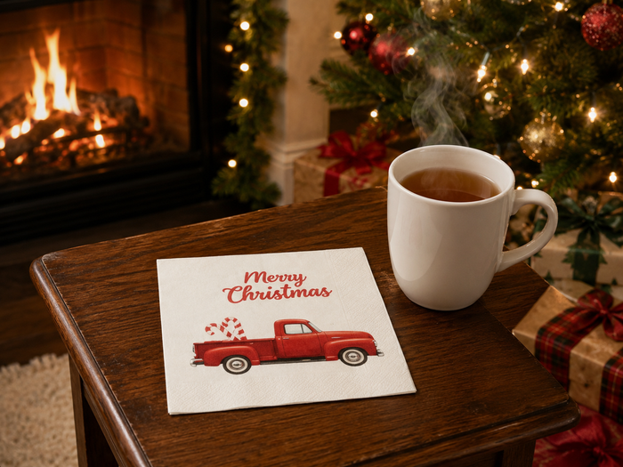 Merry Christmas Red Truck Cocktail Napkins, 50-Pack, 3-ply, Vintage Holiday & Christmas Napkins