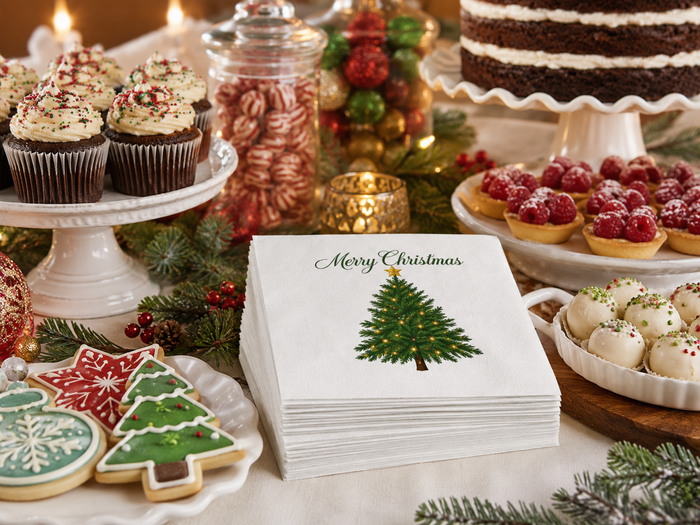 Merry Christmas Tree Cocktail Napkins, 50-Pack, 3-ply, Festive Christmas & Party Dinner Napkins