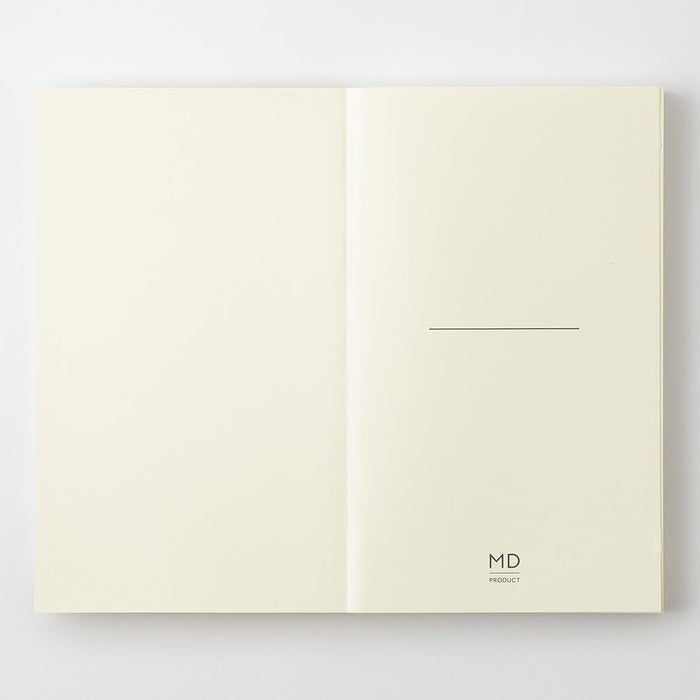 Midori MD Notebook Shinsho B6 Slim Plain opened showing title page and clean layout.
