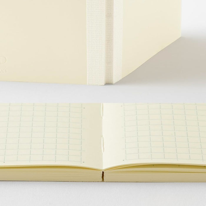 Detail of Midori MD Notebook Paperback A6 Grid stitched binding and lay-flat opening.