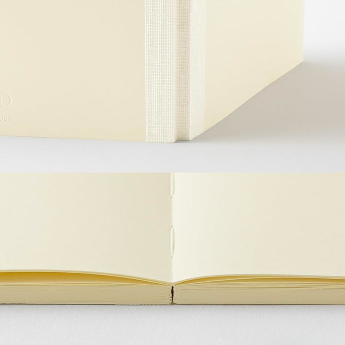 Detail of Midori MD Notebook Paperback A6 Plain stitched binding and lay-flat opening.