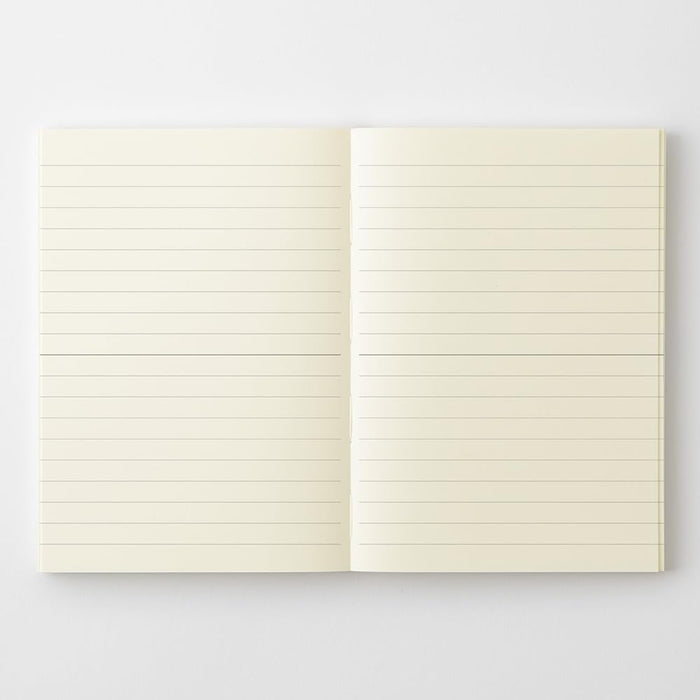 Midori MD Notebook Paperback A6 Ruled showing cream MD paper with horizontal ruling.