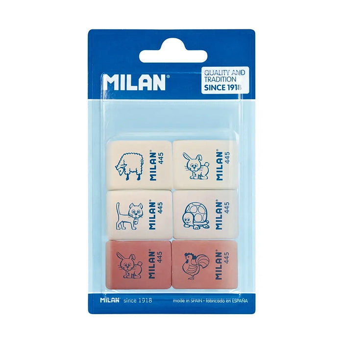MILAN 445 synthetic erasers soft rectangular rubber pack of 6 in retail packaging