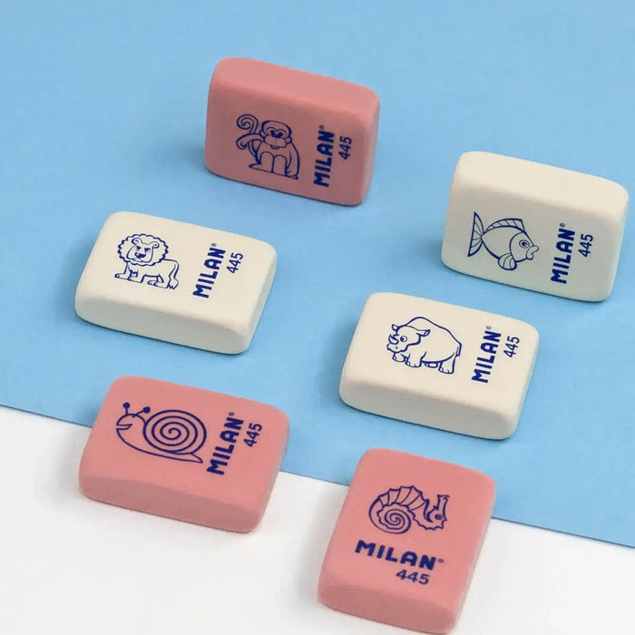 MILAN 445 synthetic erasers in pastel colours arranged in small groups