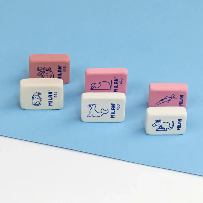 MILAN 445 synthetic erasers pack of 6 displayed together in assorted designs