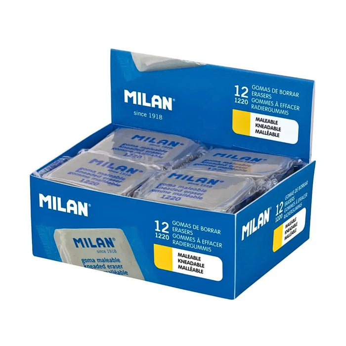 Milan Kneadable Erasers 1220 box of 12 in blue packaging with individual erasers inside