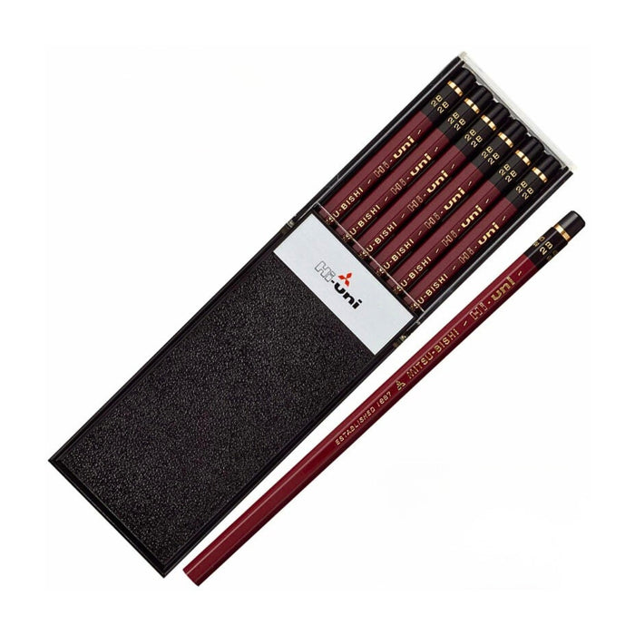 Mitsubishi Hi-Uni pencils set of twelve with open presentation box and single pencil displayed.