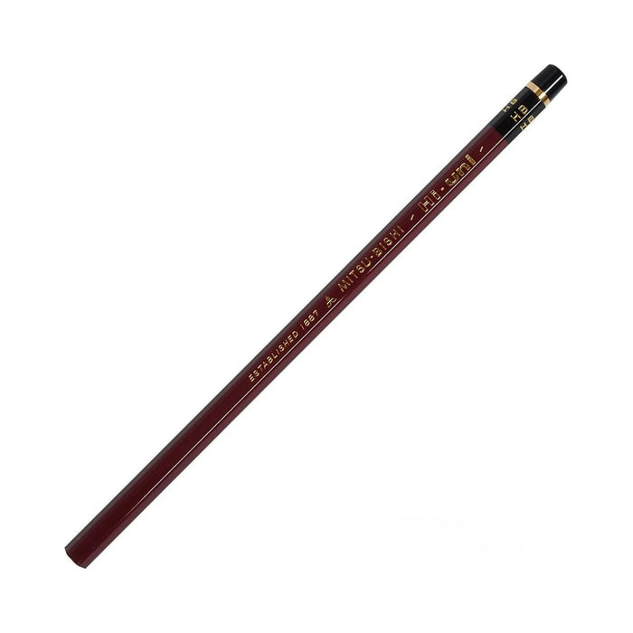 Single Mitsubishi Hi-Uni wooden pencil with maroon lacquered barrel and gold detailing.