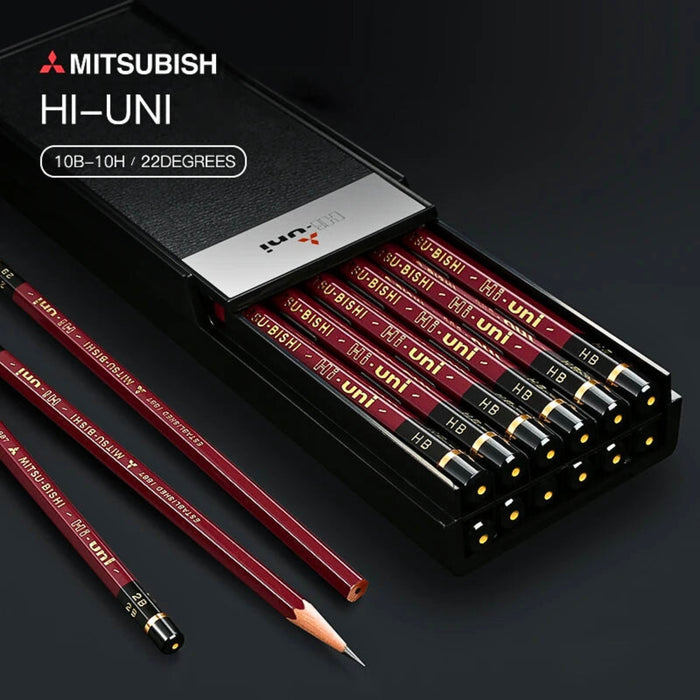 Mitsubishi Hi-Uni pencils arranged inside black presentation box with lid partially open.