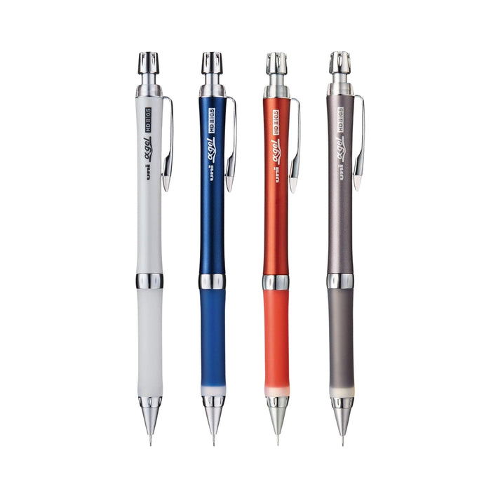 Mitsubishi Alpha Gel Slim Tight 0.5mm mechanical pencils in assorted barrel colours including white, navy, red and gunmetallic.