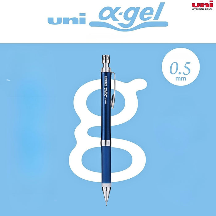 Fulll view of navy Mitsubishi Alpha Gel Slim Tight 0.5mm mechanical pencil body and clip.