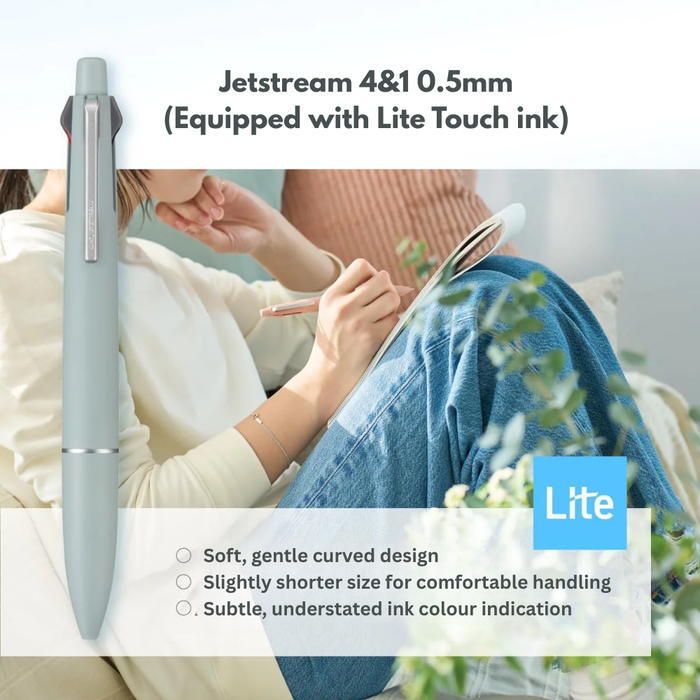 Mitsubishi Uni Jetstream Lite Touch Ink 4-in-1 Colour Gel Pen + Mechanical Pencil, shown from the front.