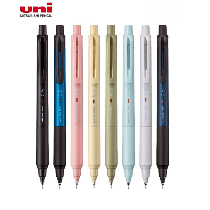 Eight Mitsubishi Kurutoga KS mechanical pencils displayed vertically in various pastel and neutral colours, including black, blue, coral pink, cream yellow, herb green, ice blue, light grey, and navy.