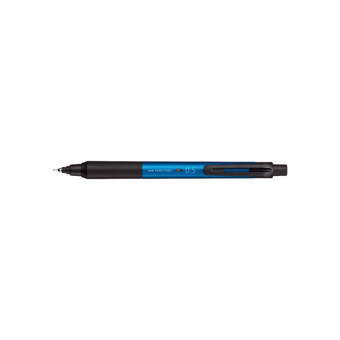 Horizontal view of a black and blue Mitsubishi Kurutoga KS 0.5 mm blue mechanical pencil on a white background.