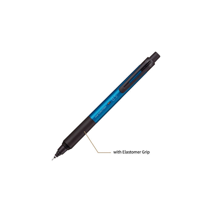 Close-up of a Mitsubishi Kurutoga KS 0.5 mm mechanical pencil featuring a blue barrel, black clip, and dark elastomer grip, displayed on a white background with a label indicating “with Elastomer Grip.”