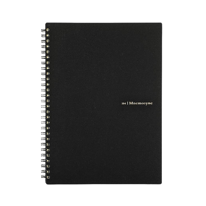 Maruman Mnemosyne B5 Dot Grid Notebook with plain black cover and spiral binding, showing gold logo text.