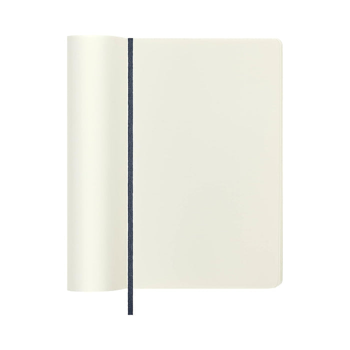 Open Moleskine notebook showing plain cream pages, ideal for sketching or writing.