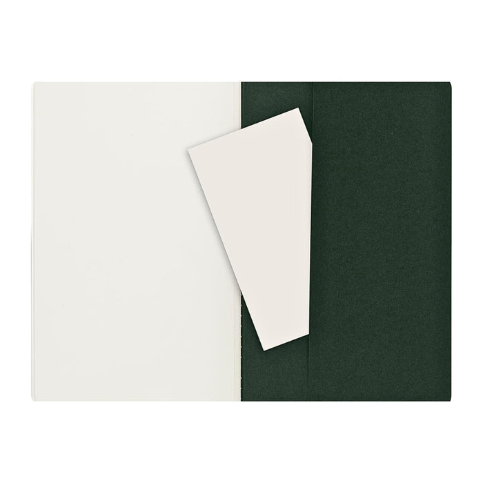 Open Moleskine Large Cahier in Plain Myrtle Green showing blank cream pages and inner pocket with insert.