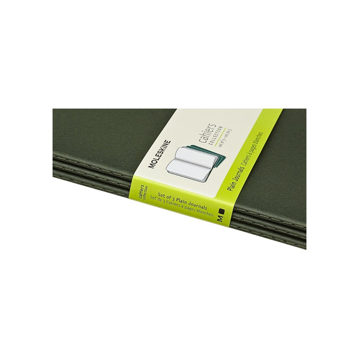 Close-up of the packaging band on a Moleskine Large Myrtle Green Cahier - plain style notebook.