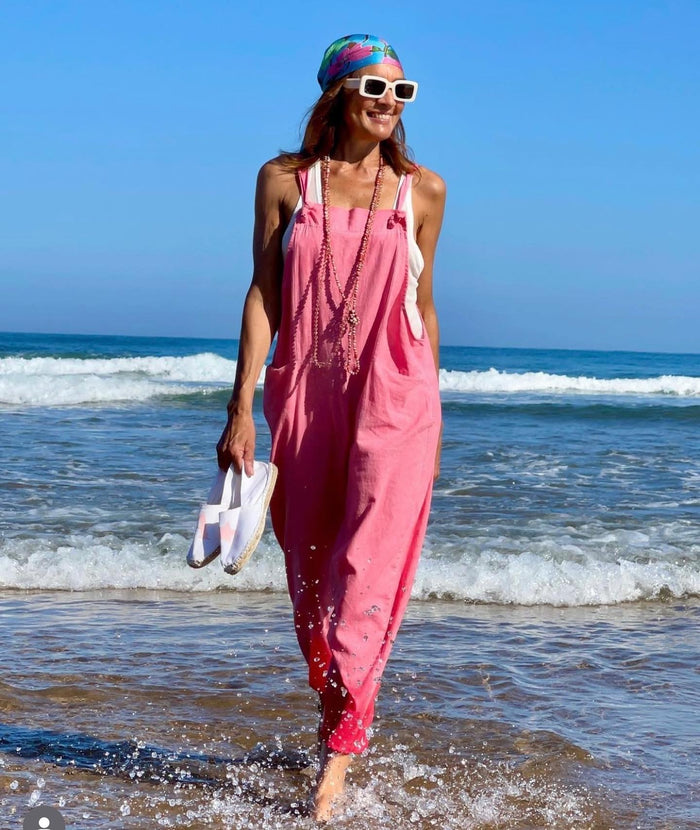 Mono "fresa style", lino, rosa — vista detalle