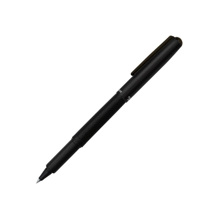 Angled view of Ohto Ceramic Rollerball 0.5 pen with matte black middle barrel.