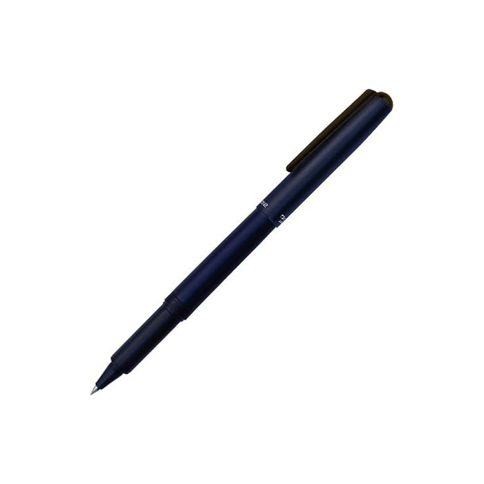 Angled view of Ohto Ceramic Rollerball 0.5 pen with matte blue middle barrel.