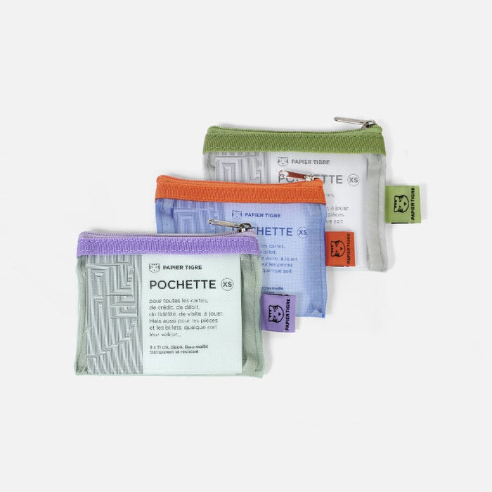 Papier Tigre Mesh Pocket Extra Small shown as a set of three colour combinations.