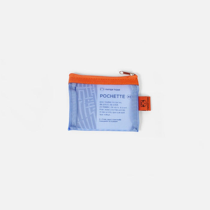 Papier Tigre Mesh Pocket Extra Small in peach-cobalt holding cards.