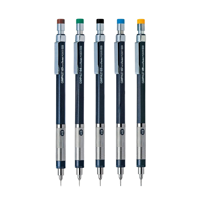 Five Pentel Graphlet Sharpie mechanical pencils with colour-coded push buttons arranged in a row.