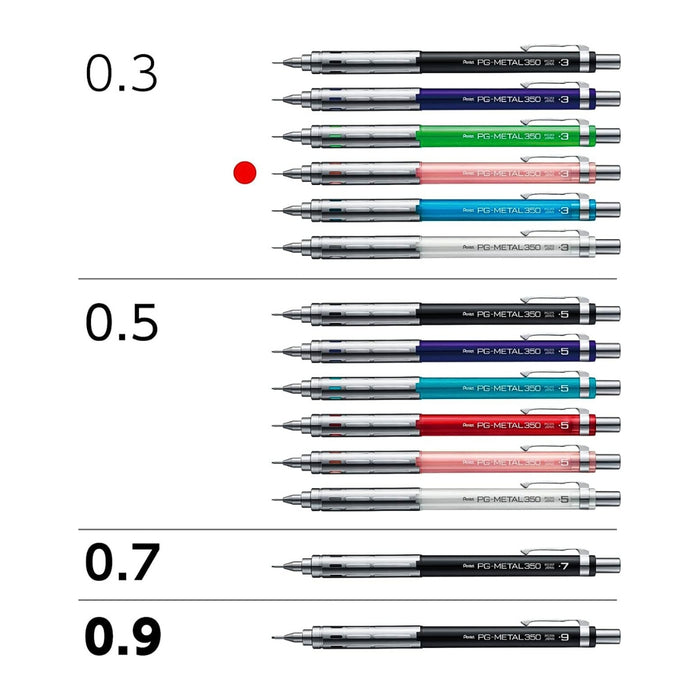 Pentel Metal 350 mechanical pencil showing 0.3mm, 0.5mm, 0.7mm and 0.9mm size options with coloured lead indicators.