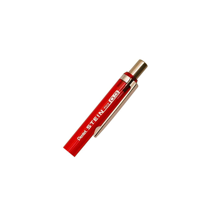 Angled view of Pentel Stein 0.3mm mechanical pencil in red highlighting slim barrel and clip design.