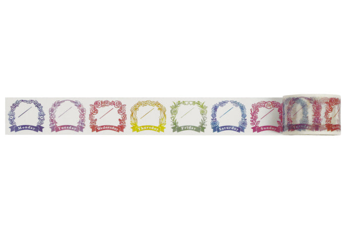 Unrolled tape showing floral wreath designs for each day of the week from Monday to Sunday, in various colours.