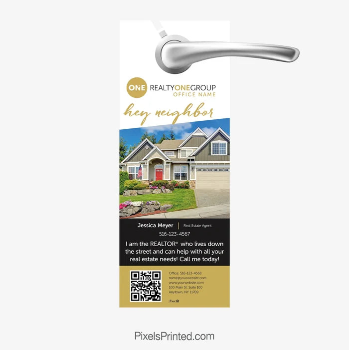 Realty ONE Group real estate door hangers agent announcement with QR code
