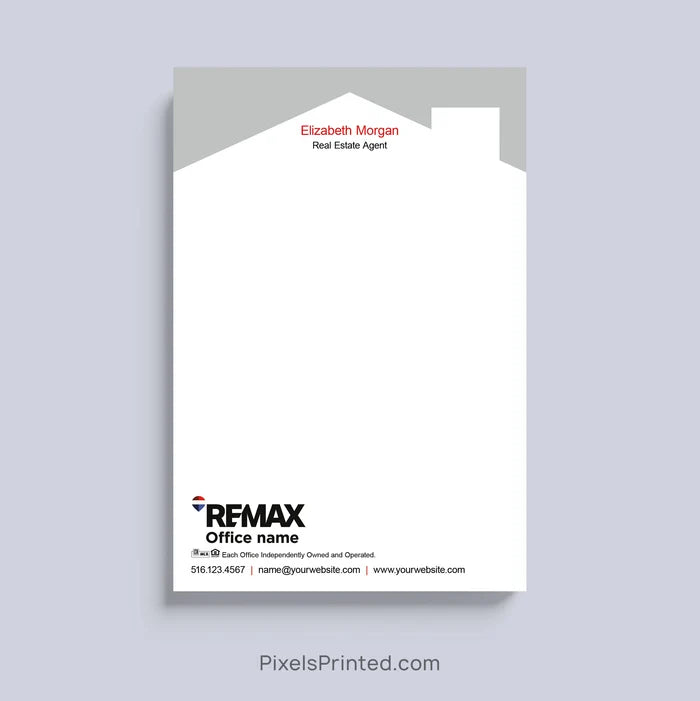 RE/MAX realtor notepad with house roof design and personalized branding