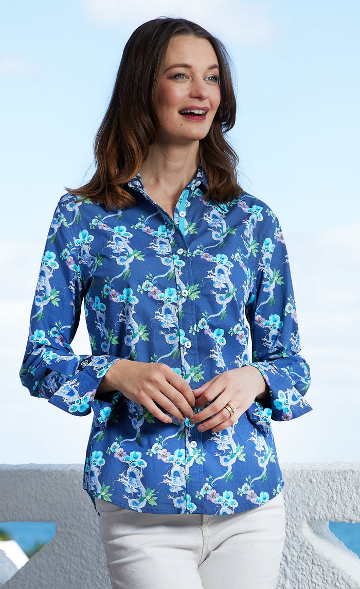 DIzzy-Lizzie Rome Long Sleeve Shirt - Navy Ground With Dragons available at Barbara Katz
