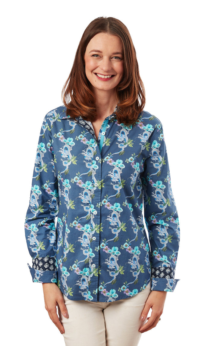 DIzzy-Lizzie Rome Long Sleeve Shirt - Navy Ground With Dragons available at Barbara Katz