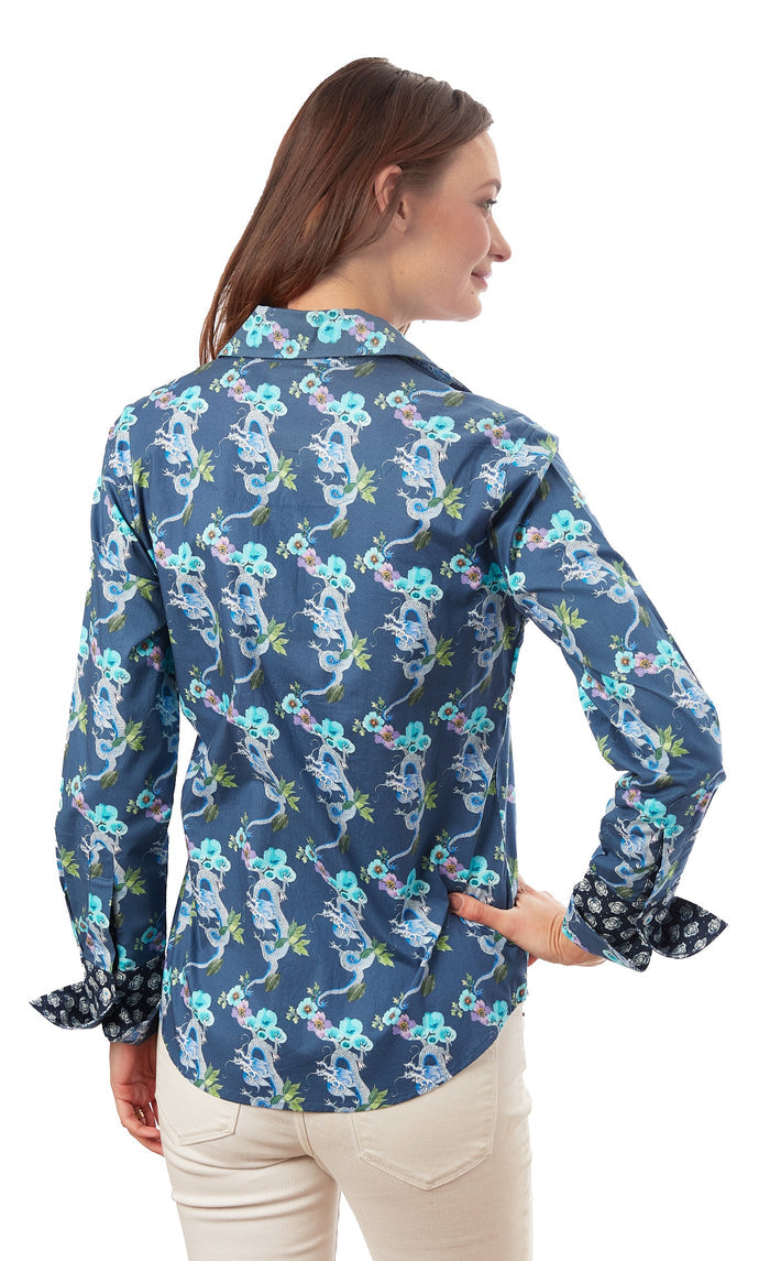 DIzzy-Lizzie Rome Long Sleeve Shirt - Navy Ground With Dragons available at Barbara Katz