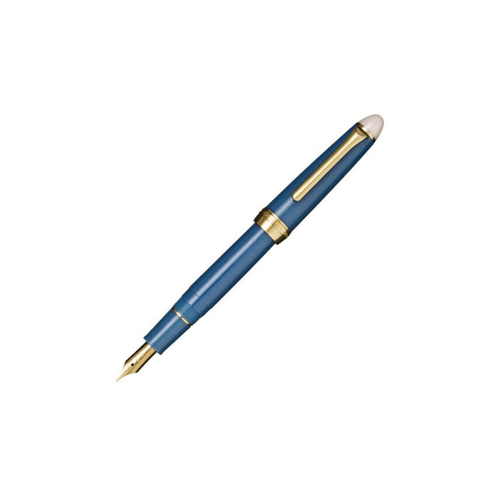 Sailor Shikiori Frost Night fountain pen in deep blue with gold trim and gold nib.