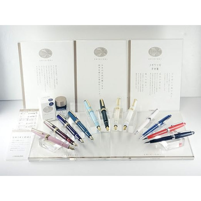 Sailor Shikiori fountain pen range display featuring the Long Night model among other colourways.