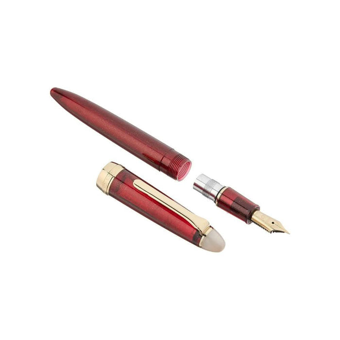 Sailor Shikiori Night Burn fountain pen shown capped, highlighting the glossy burgundy finish and gold accents.