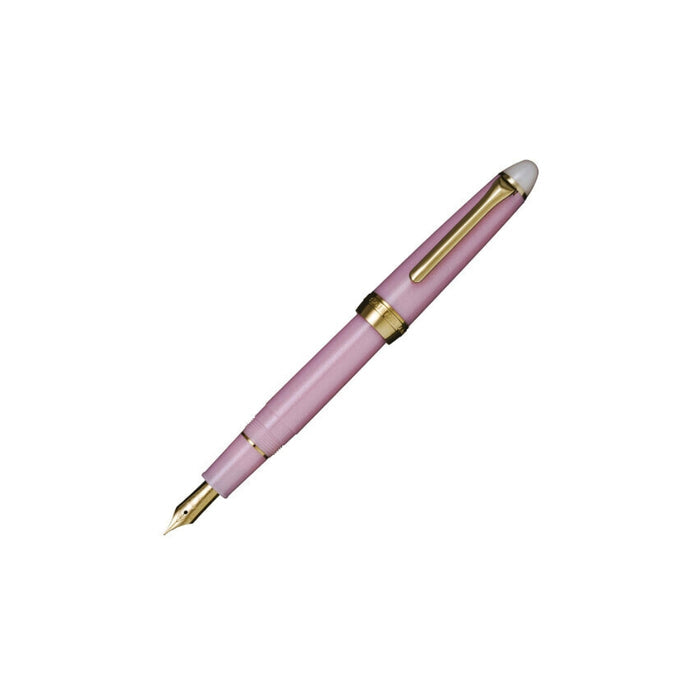 Sailor Shikiori Night Cherry Blossom fountain pen in soft pink with gold trim, full product view.