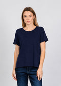 Elliott Lauren Short Sleeve Raw Hem Tee in Navy available at Barbara Katz