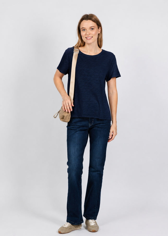Elliott Lauren Short Sleeve Raw Hem Tee in Navy available at Barbara Katz