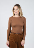 AMB Solid Raw Edge High Neck Second Skin Top in Cocoa Brown available at Barbara Katz