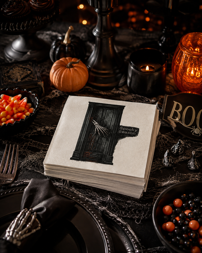 Spooky Season Skeleton Hand Cocktail Napkin, Haunted Door, 50-Pack, 3-ply Halloween Party Napkins