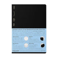 Black Stalogy notebook shown with dimensions, highlighting its slim profile.