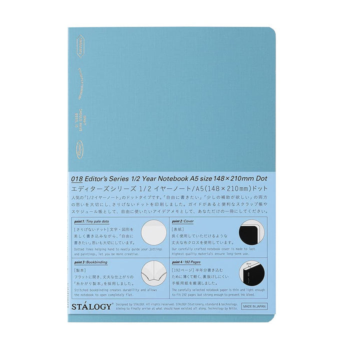 Light blue Stalogy A5 dot grid notebook, minimalist and elegant.